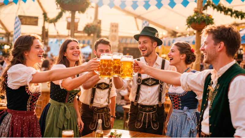 Oktoberfest cheers: friends raising beer mugs in celebration