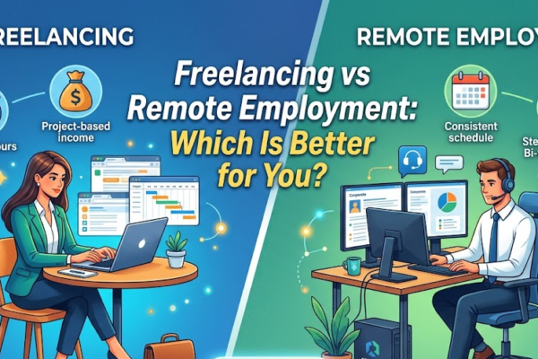 A comparison infographic with a central title: Freelancing and Remote Employment: Which Is Better for You?