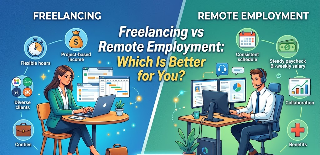A comparison infographic with a central title: Freelancing and Remote Employment: Which Is Better for You?