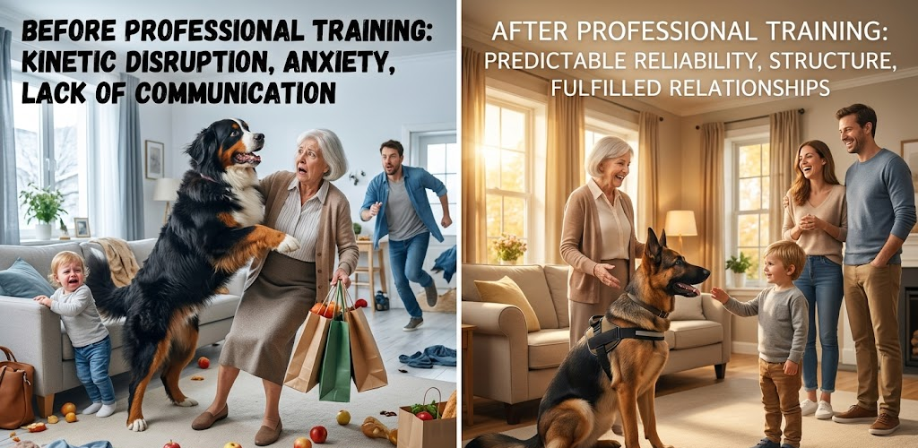 A before-and-after comparison showing how professional dog training transforms a home. The left side captures "chaos" with an untrained dog jumping on a woman, causing distress. The right side shows "harmony," with a calm, obedient dog sitting beside a relaxed family.