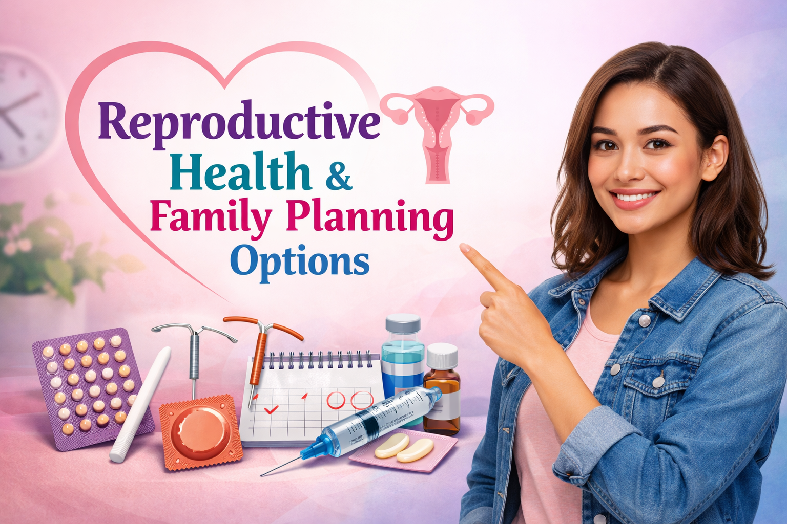 Overview of family planning methods including pills, IUD, and fertility tracking tools