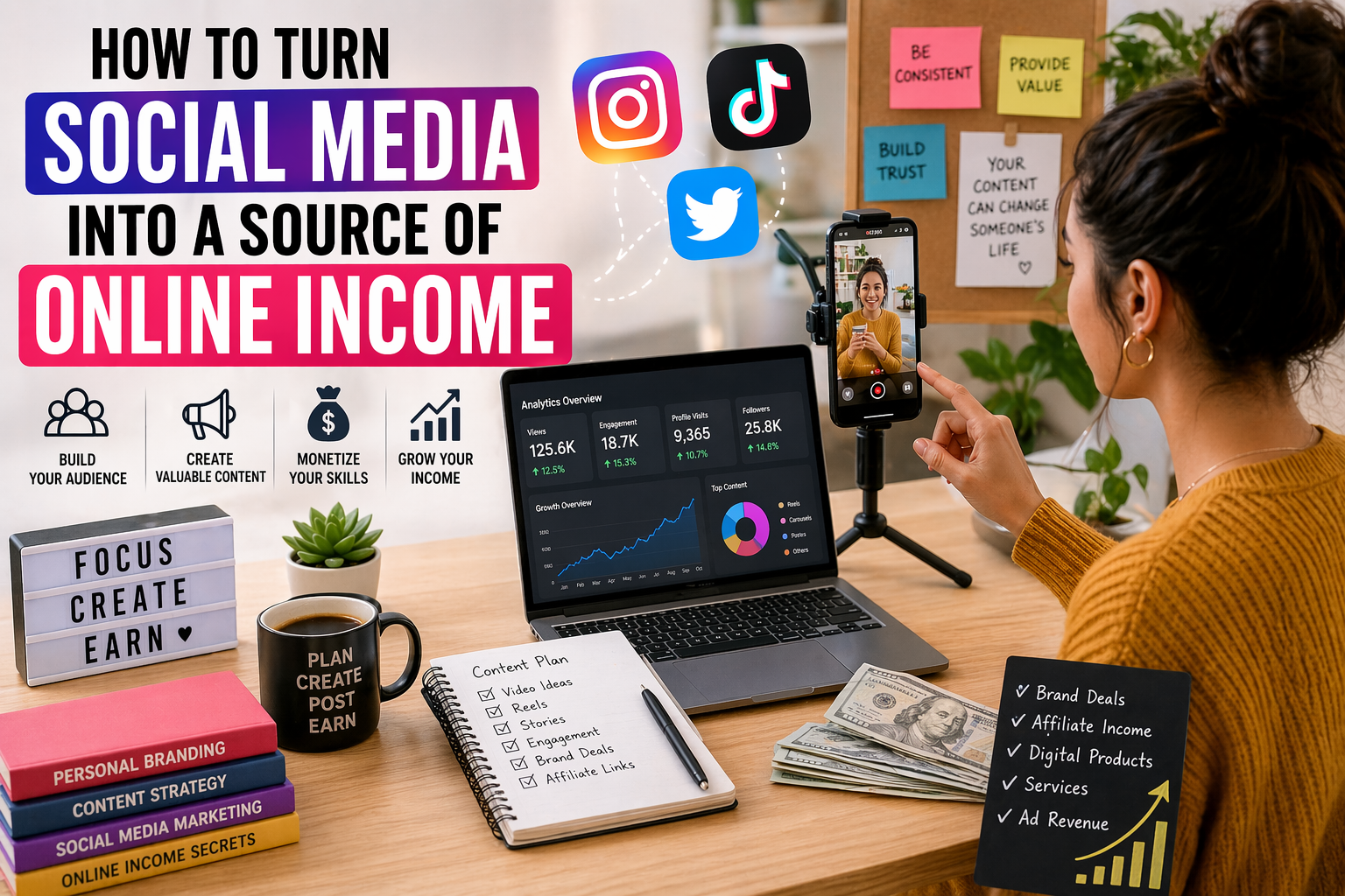 Person creating social media content on phone and laptop with analytics and social media income growth visuals displayed