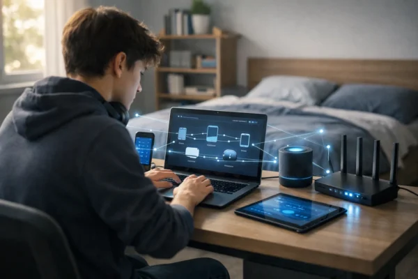 Modern home network setup showing connected devices with subtle futuristic holographic connections