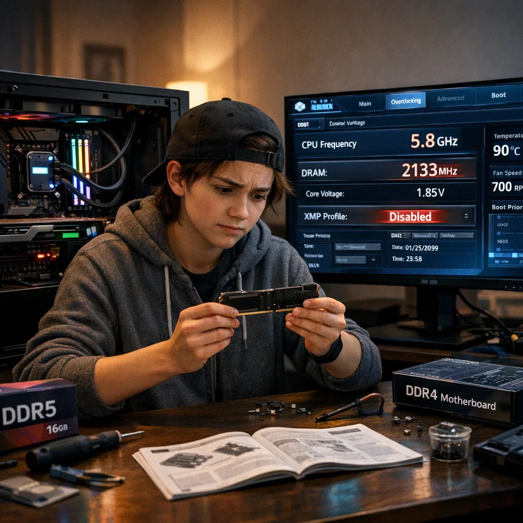 Modern PC setup with user assembling computer showing common configuration mistakes like wrong RAM and BIOS settings