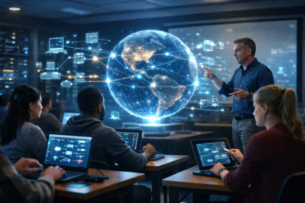 Featured illustration of beginners learning computer networking with holographic network diagrams and global digital connections in a modern classroom.