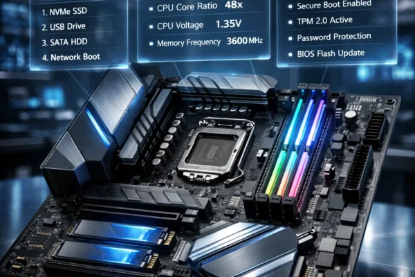 Futuristic computer motherboard with holographic BIOS/UEFI interface and glowing RGB components in a dimly lit tech workspace.