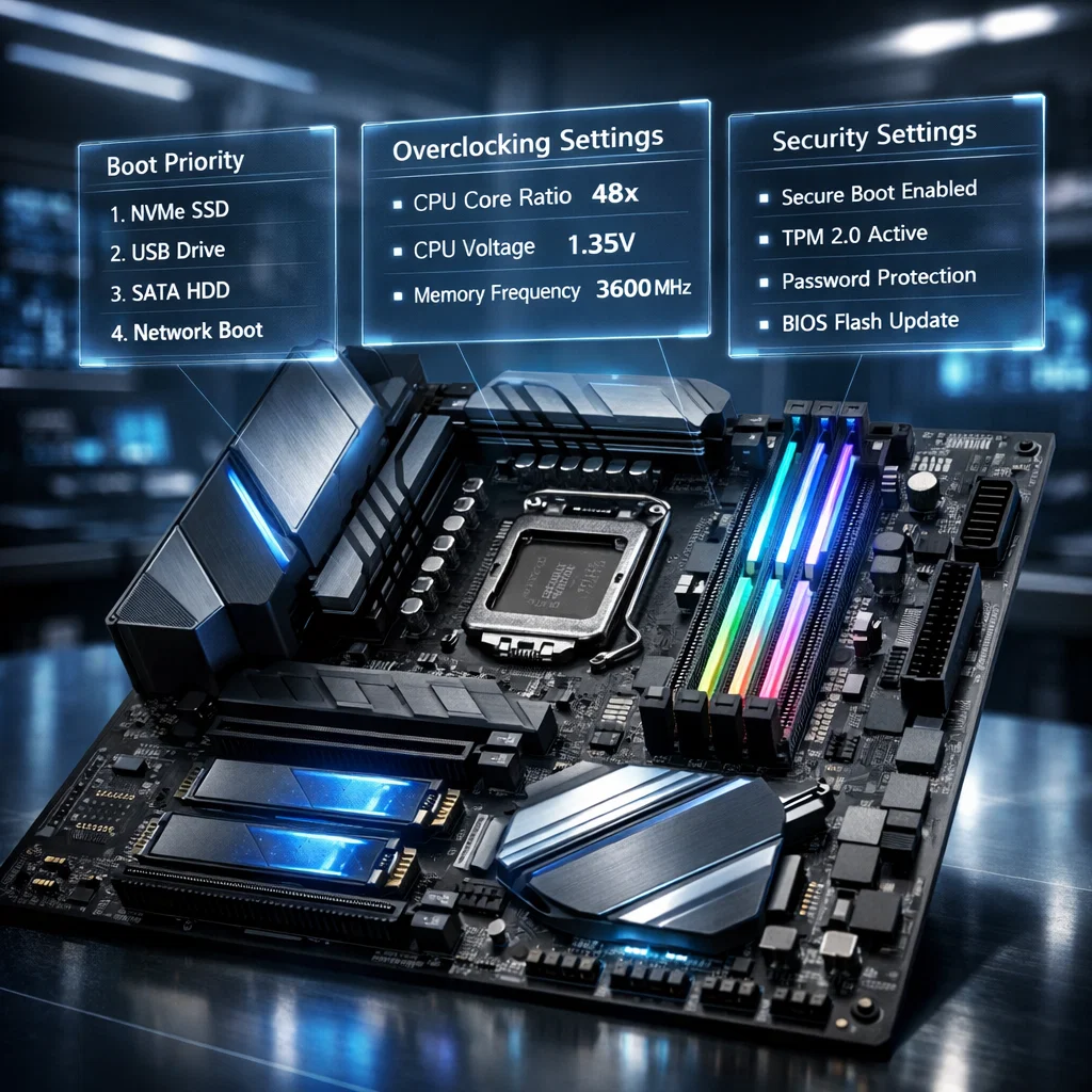 Futuristic computer motherboard with holographic BIOS/UEFI interface and glowing RGB components in a dimly lit tech workspace.
