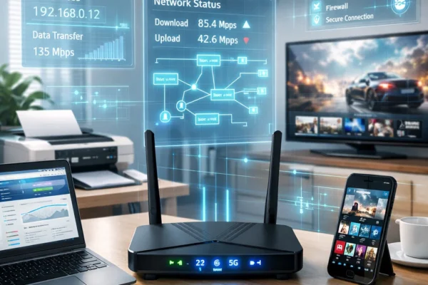 Modern home office with multiple devices connected to a secure dual-band router and holographic network interface.