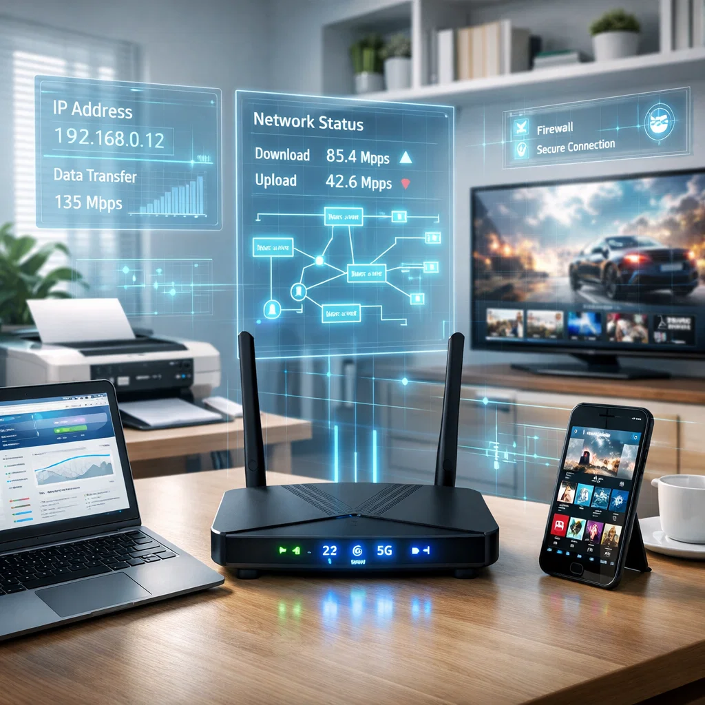 Modern home office with multiple devices connected to a secure dual-band router and holographic network interface.