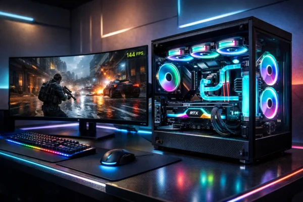 High-end gaming PC setup with RGB lighting and ultrawide monitor showing high FPS gameplay