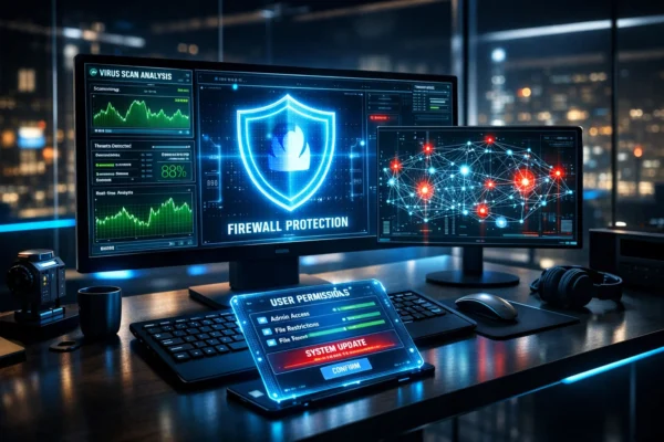 Futuristic home office with holographic cybersecurity interface displaying firewall, antivirus scans, and network nodes.