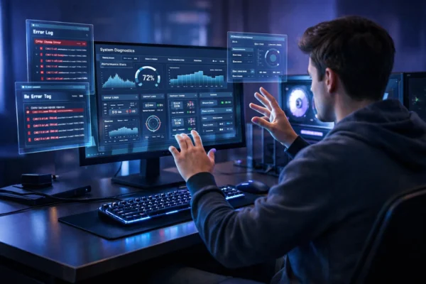 Advanced computer troubleshooting setup with holographic system diagnostics interface