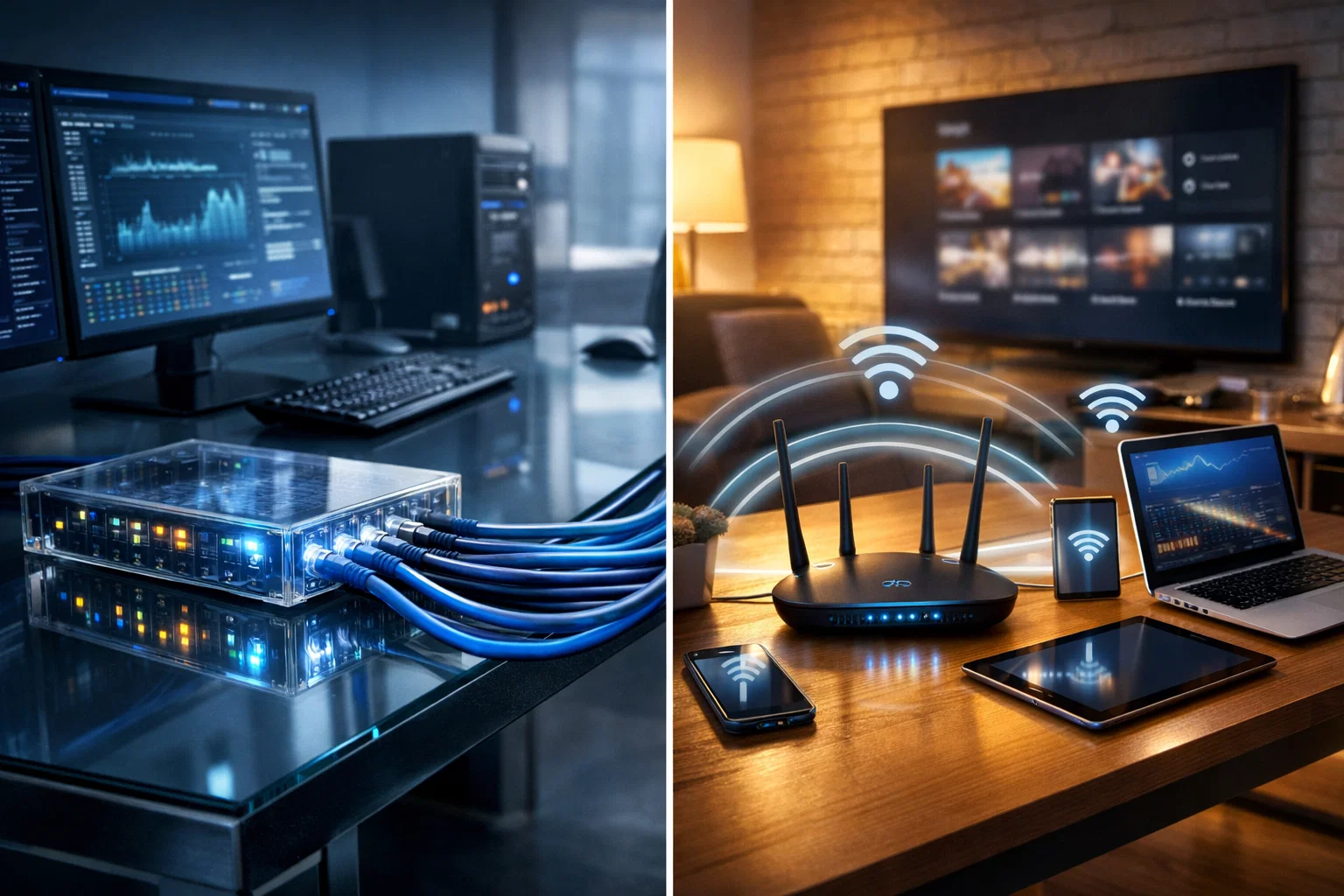 Wired and wireless network comparison showing Ethernet cables and Wi-Fi signals in a modern workspace