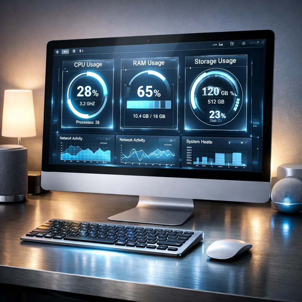 Futuristic desktop with holographic OS performance dashboard, glowing keyboard, and connected smart devices.