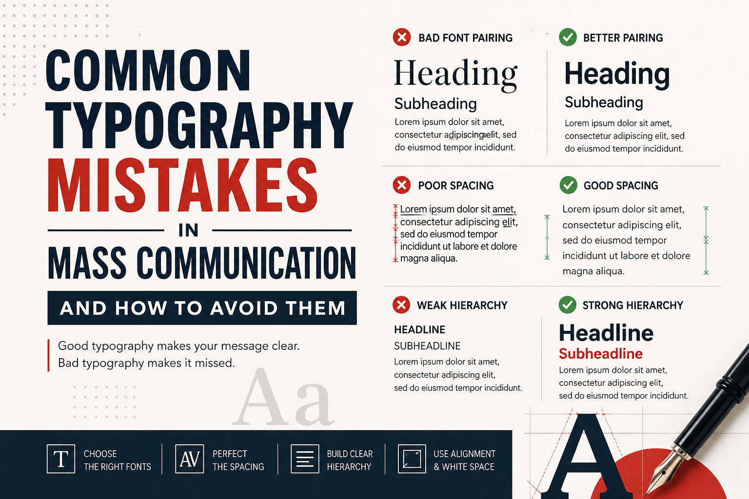 Infographic titled “Common Typography Mistakes in Mass Communication and How to Avoid Them,” showing examples of bad and good font pairing, spacing (kerning, leading, tracking), visual hierarchy, and alignment with clear comparisons and design tips for improving typography.