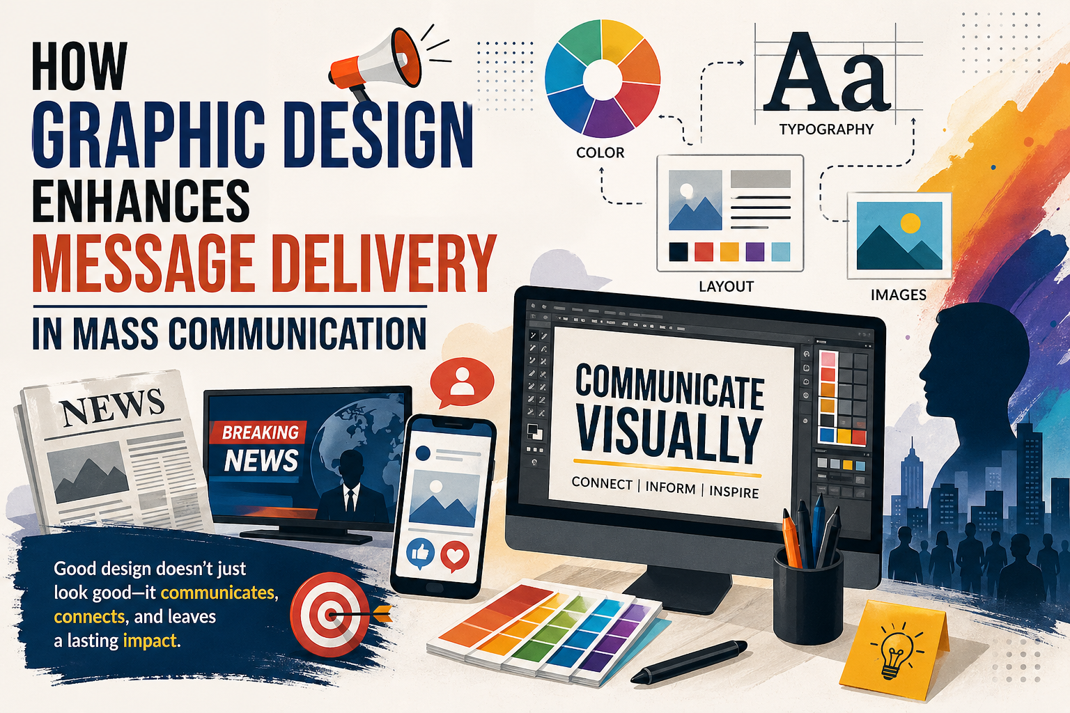 Infographic showing how graphic design enhances message delivery in mass communication, highlighting typography, color, layout, and images with visual examples on digital media screens.