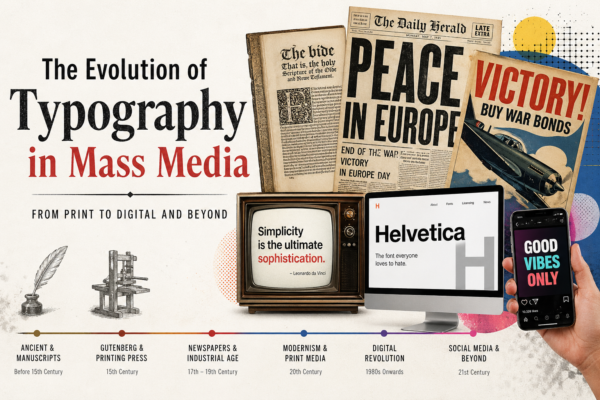Feature image showing the evolution of typography in mass media, from ancient manuscripts and Gutenberg printing press to modern digital screens and social media typography