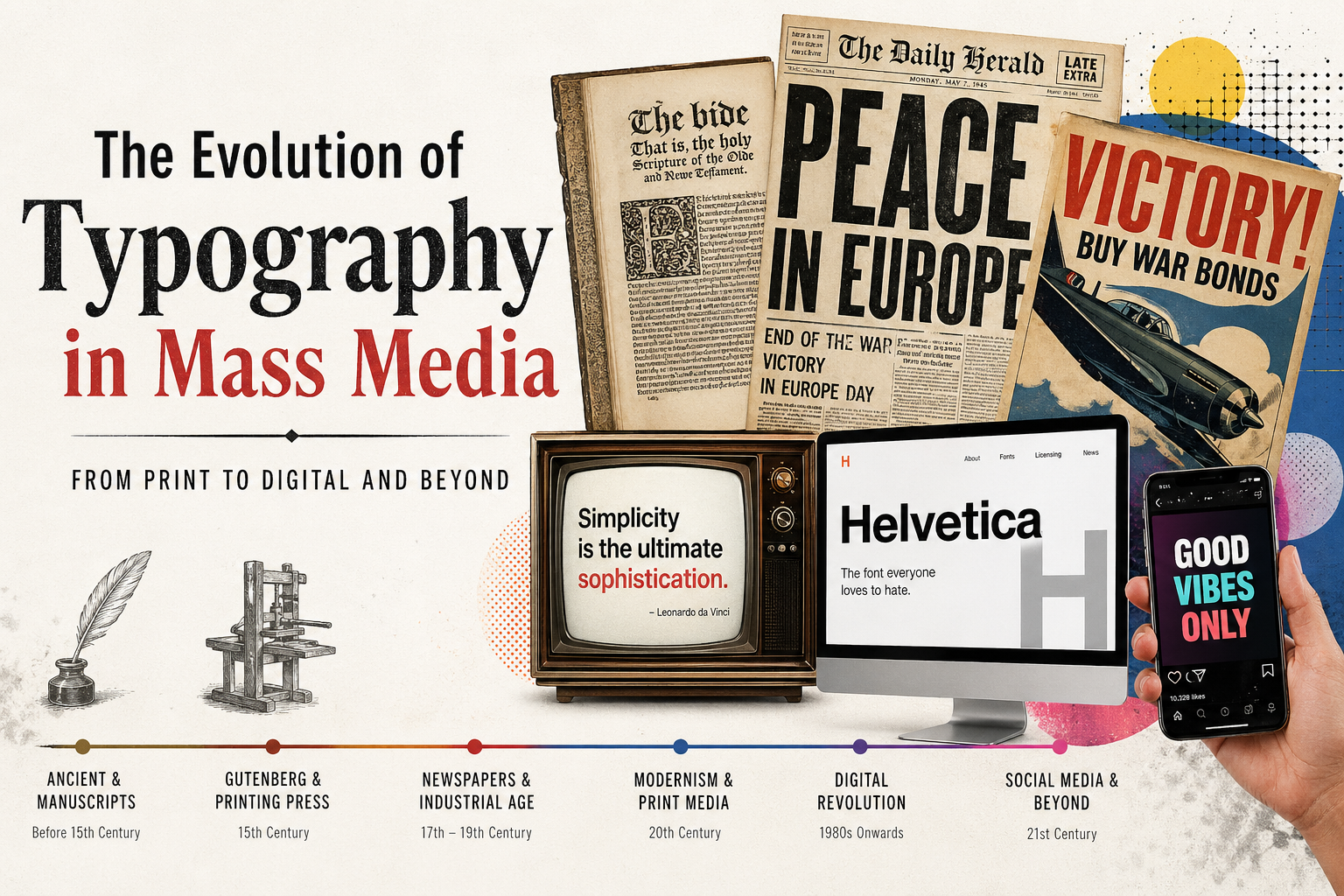 Feature image showing the evolution of typography in mass media, from ancient manuscripts and Gutenberg printing press to modern digital screens and social media typography