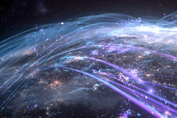 Global network data transmission across continents with glowing data paths