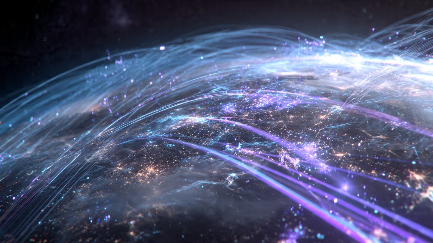 Global network data transmission across continents with glowing data paths