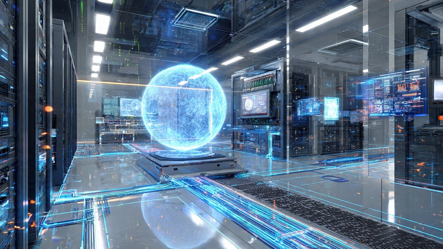 Futuristic network ecosystem showing routers, switches, modems, and access points connected through glowing data streams in a modern data center.