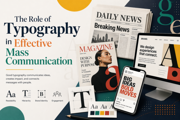 Clean modern editorial illustration showing the role of typography in mass communication, featuring newspapers, magazines, a digital screen, and mobile interface with bold typography design elements highlighting readability, hierarchy, branding, and visual communication.