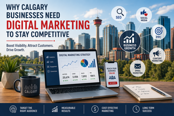 Professional digital marketing concept featuring Calgary skyline with business growth icons (SEO, social media, PPC, content marketing, email marketing), symbolizing how Calgary businesses use online strategies to stay competitive and grow.