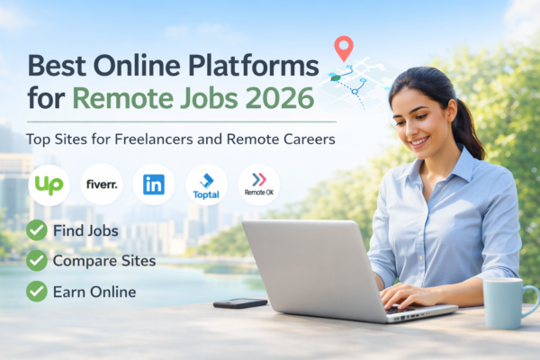 Best Platforms for Remote Jobs showing woman working on laptop with Upwork, Fiverr, LinkedIn, and Toptal for online work opportunities
