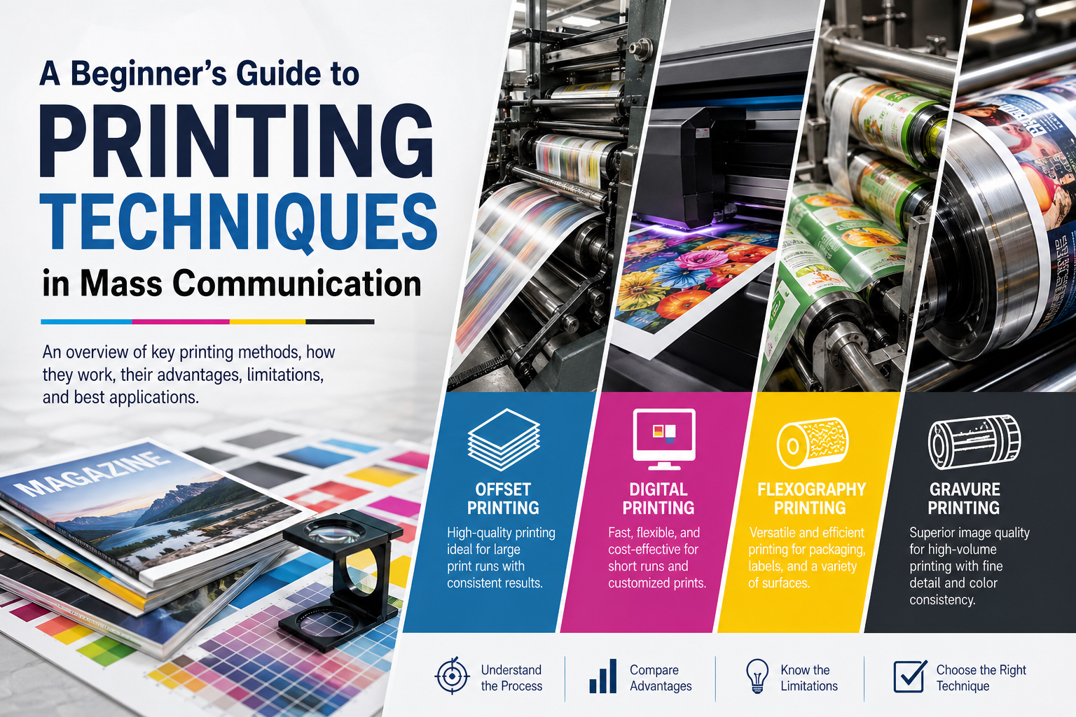 Beginner’s guide infographic showing printing techniques in mass communication, including offset printing, digital printing, flexography, and gravure printing with visual comparisons of printing machines, color processes, and production workflows.
