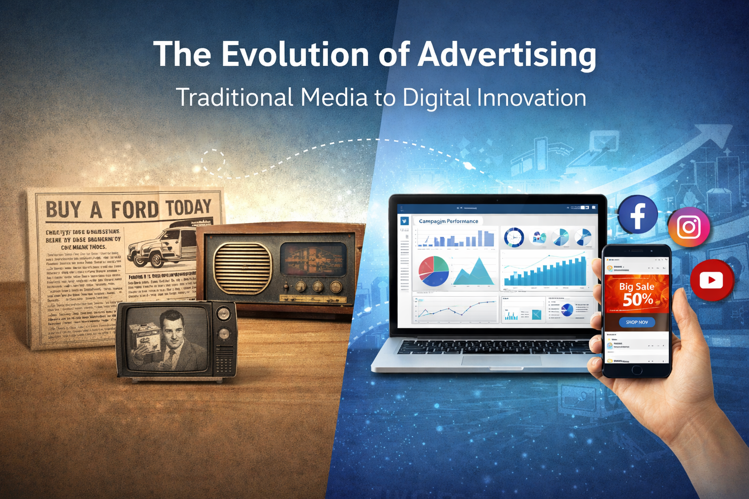 historical development of advertising from traditional media like print and radio to modern digital marketing and social media platforms