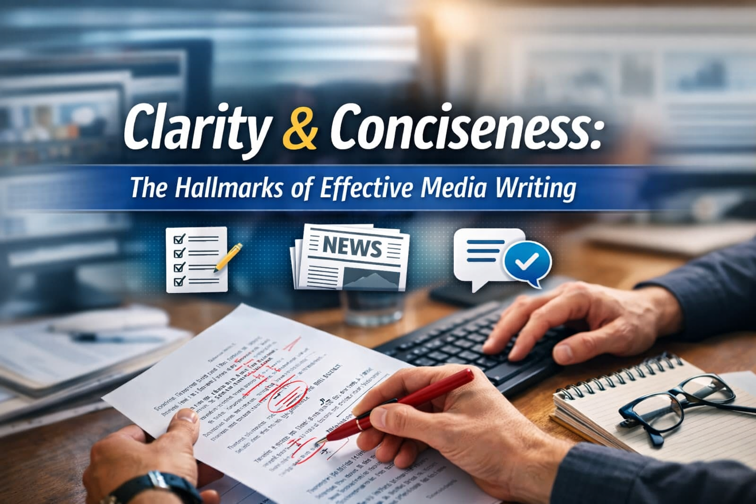 Clarity and conciseness in journalism illustrated by an editor reviewing and correcting a document on a desk with newsroom elements and digital media icons in the background