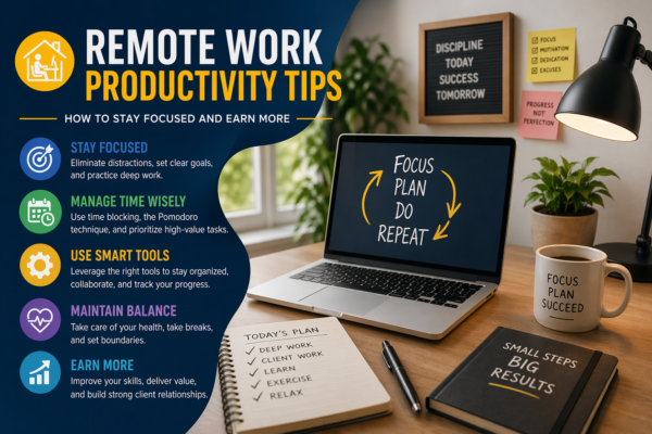Modern infographic showing remote work productivity tips with a cozy home office setup, including a laptop, notebook, coffee mug, and motivational notes, alongside key strategies such as focus, time management, smart tools, balance, and earning more.