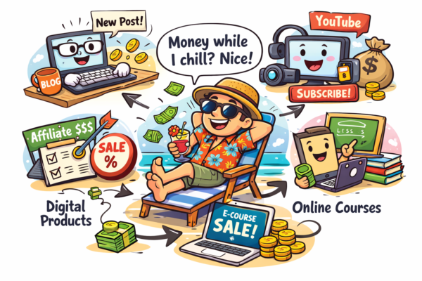Funny illustration showing different passive income streams like blogging, YouTube, affiliate marketing, digital products, and online courses generating money automatically while a man relaxes on a beach chair