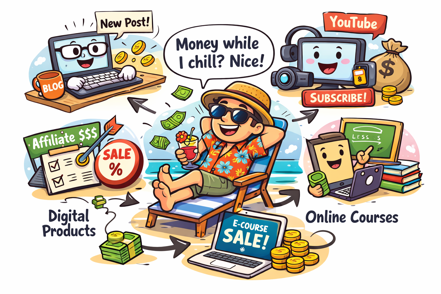 Funny illustration showing different passive income streams like blogging, YouTube, affiliate marketing, digital products, and online courses generating money automatically while a man relaxes on a beach chair