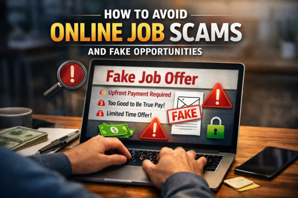 common red flags of online job scams in fake online job offer displayed on laptop screen