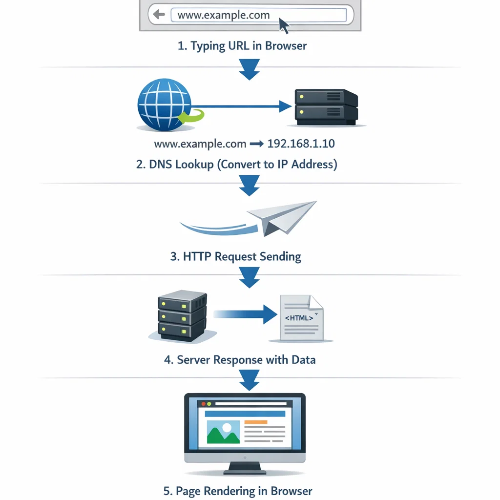 Flowchart showing the steps involved in accessing a website, from URL request to page rendering.