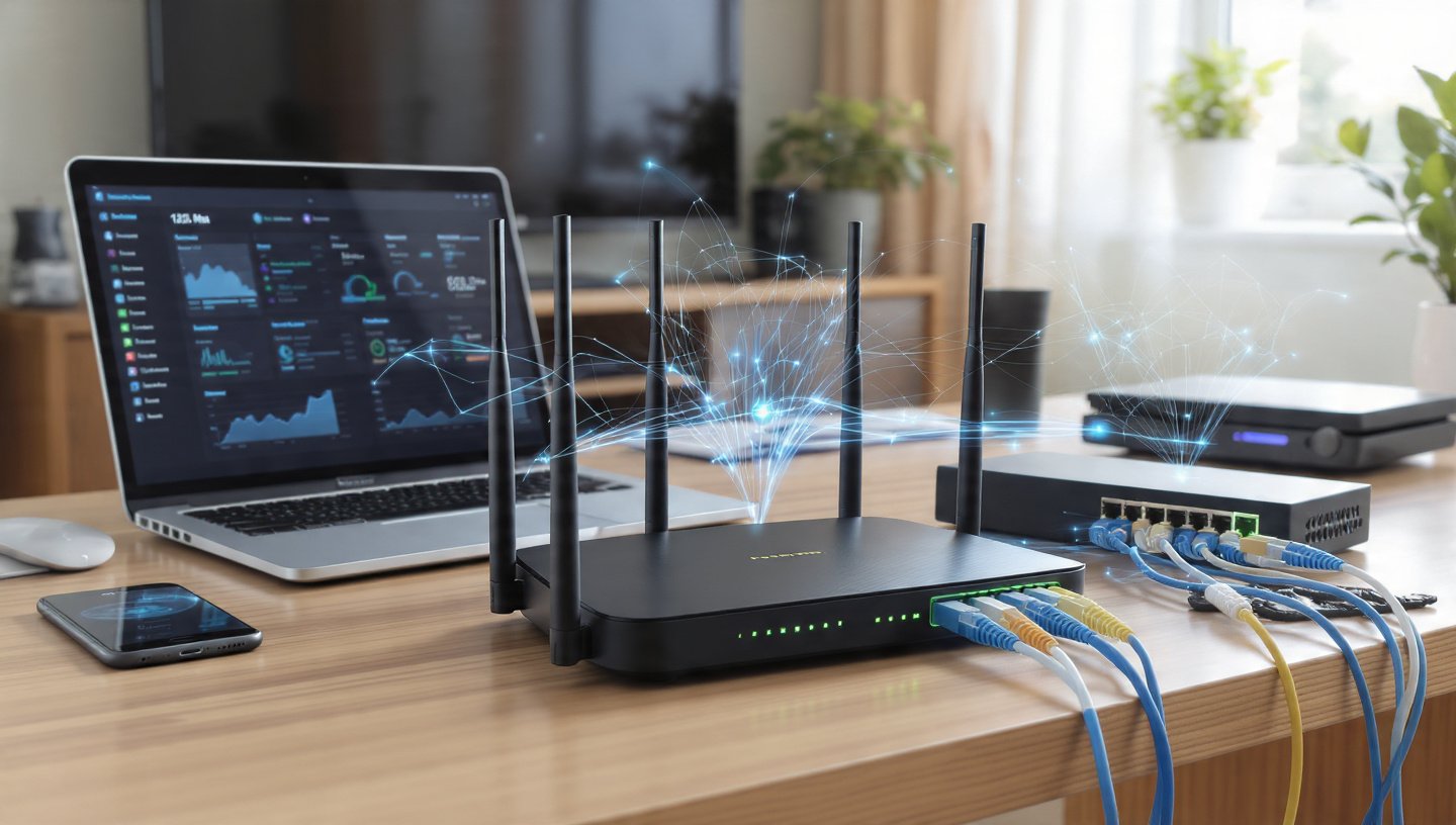 Modern home network setup with router, modem, switch and wireless devices connected
