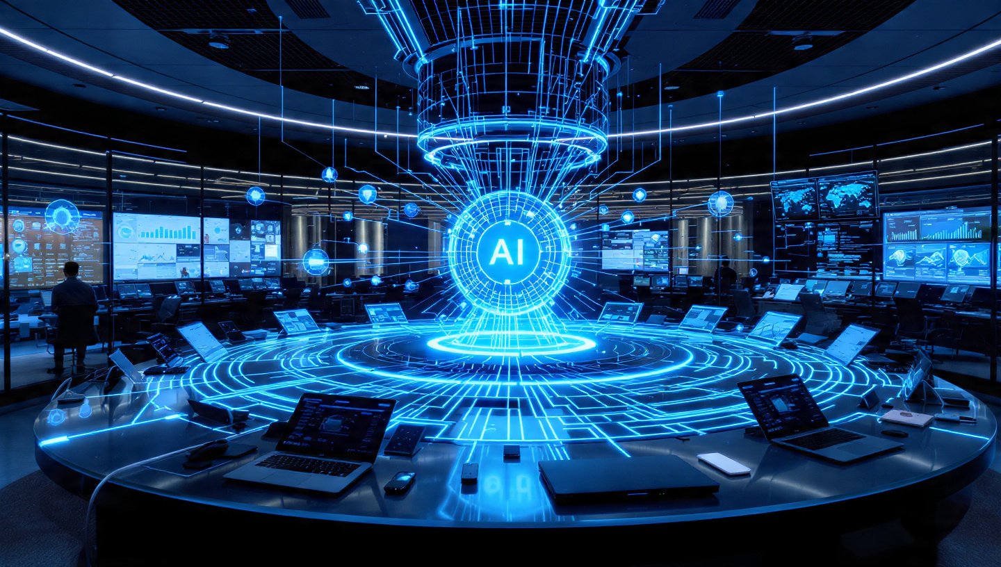 Futuristic star topology network showing central hub connected to multiple devices in a smart office environment