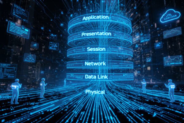 Futuristic layered OSI model represented as a glowing digital city with flowing data between seven network layers.