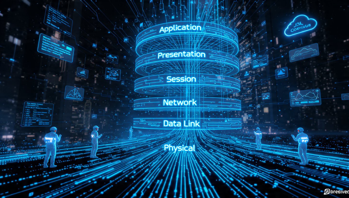 Futuristic layered OSI model represented as a glowing digital city with flowing data between seven network layers.