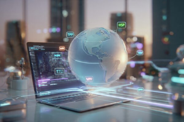 Global network visualization showing HTTP, HTTPS, TCP, UDP, and FTP protocols connected through a glowing digital globe.