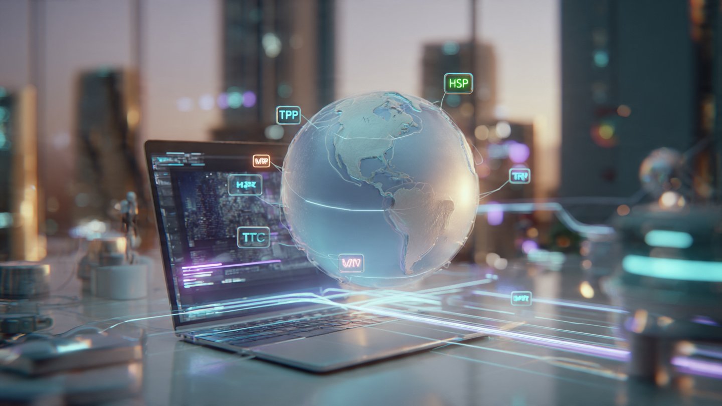 Global network visualization showing HTTP, HTTPS, TCP, UDP, and FTP protocols connected through a glowing digital globe.