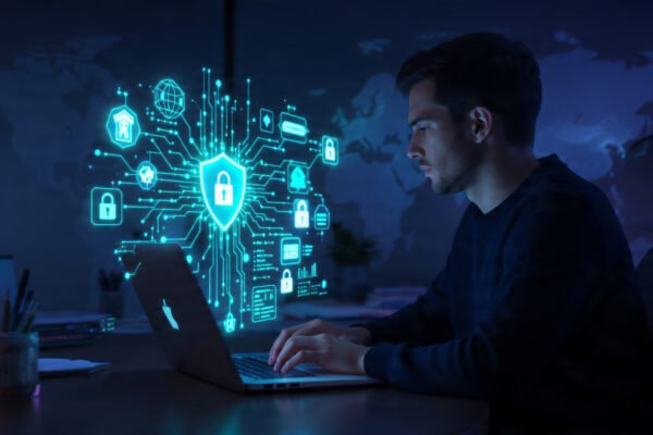 Person using laptop with digital cybersecurity shield and encrypted network visuals