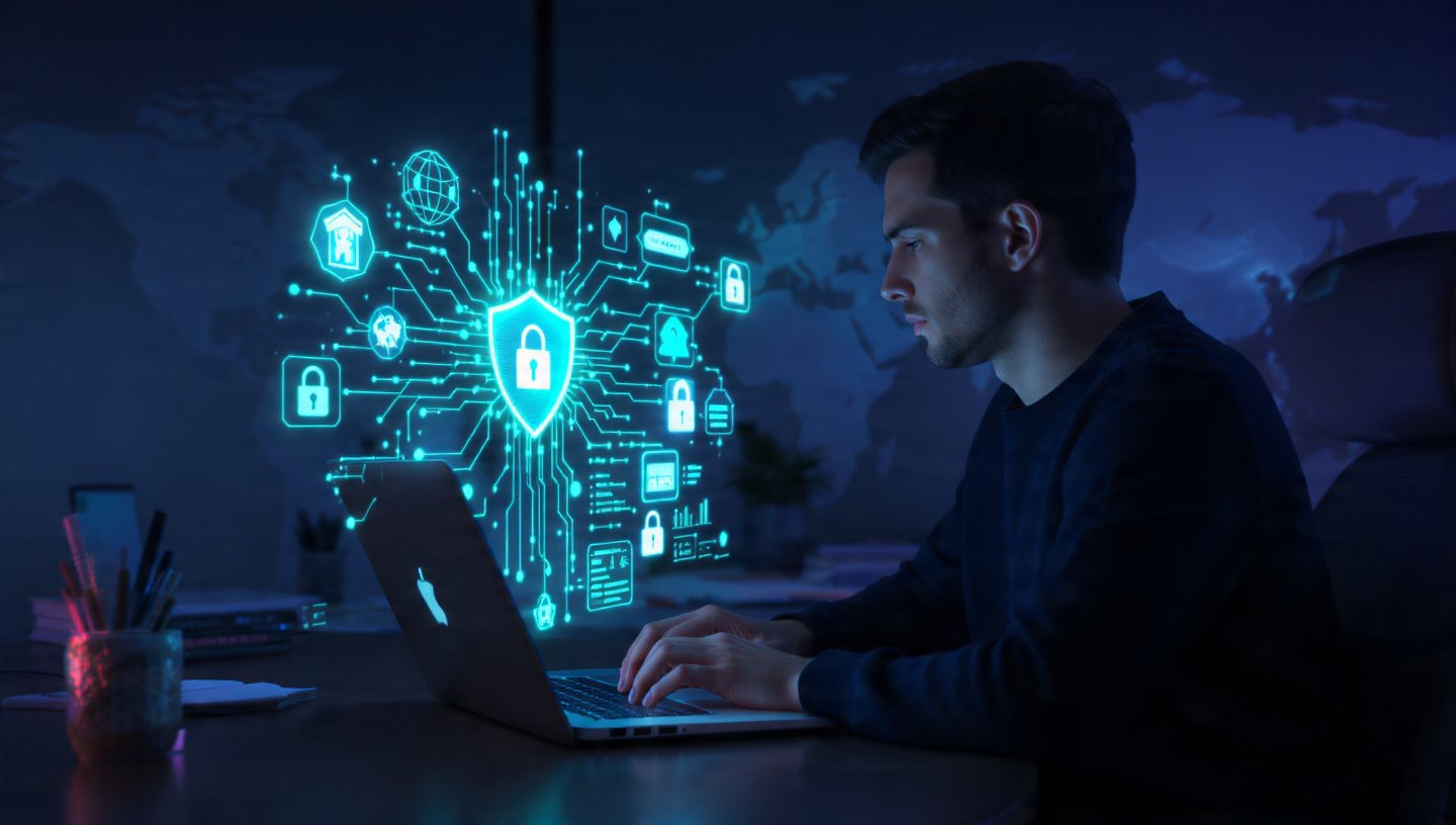 Person using laptop with digital cybersecurity shield and encrypted network visuals