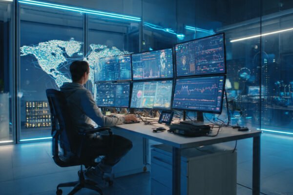 Modern network engineer analyzing real-time network systems in a futuristic office setup