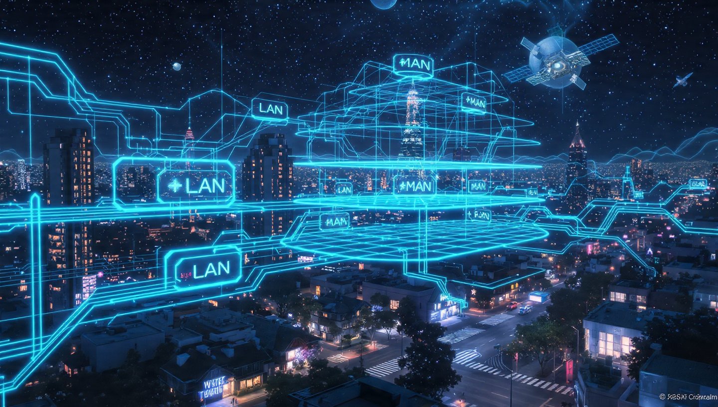 Futuristic smart city showing LAN, MAN, and WAN network layers connected through glowing digital data streams and global communication systems.