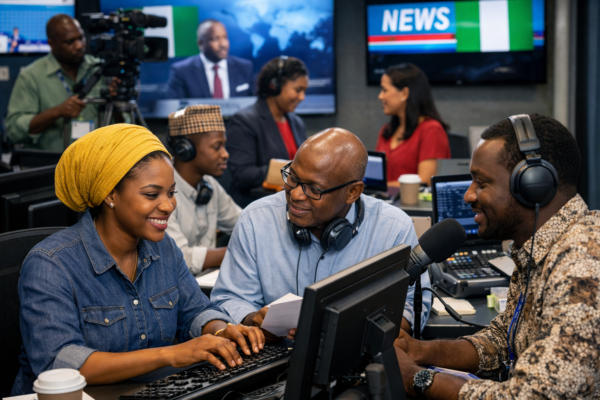 English language mastery: official language of communication in Nigeria illustrated through a diverse newsroom of journalists collaborating in English