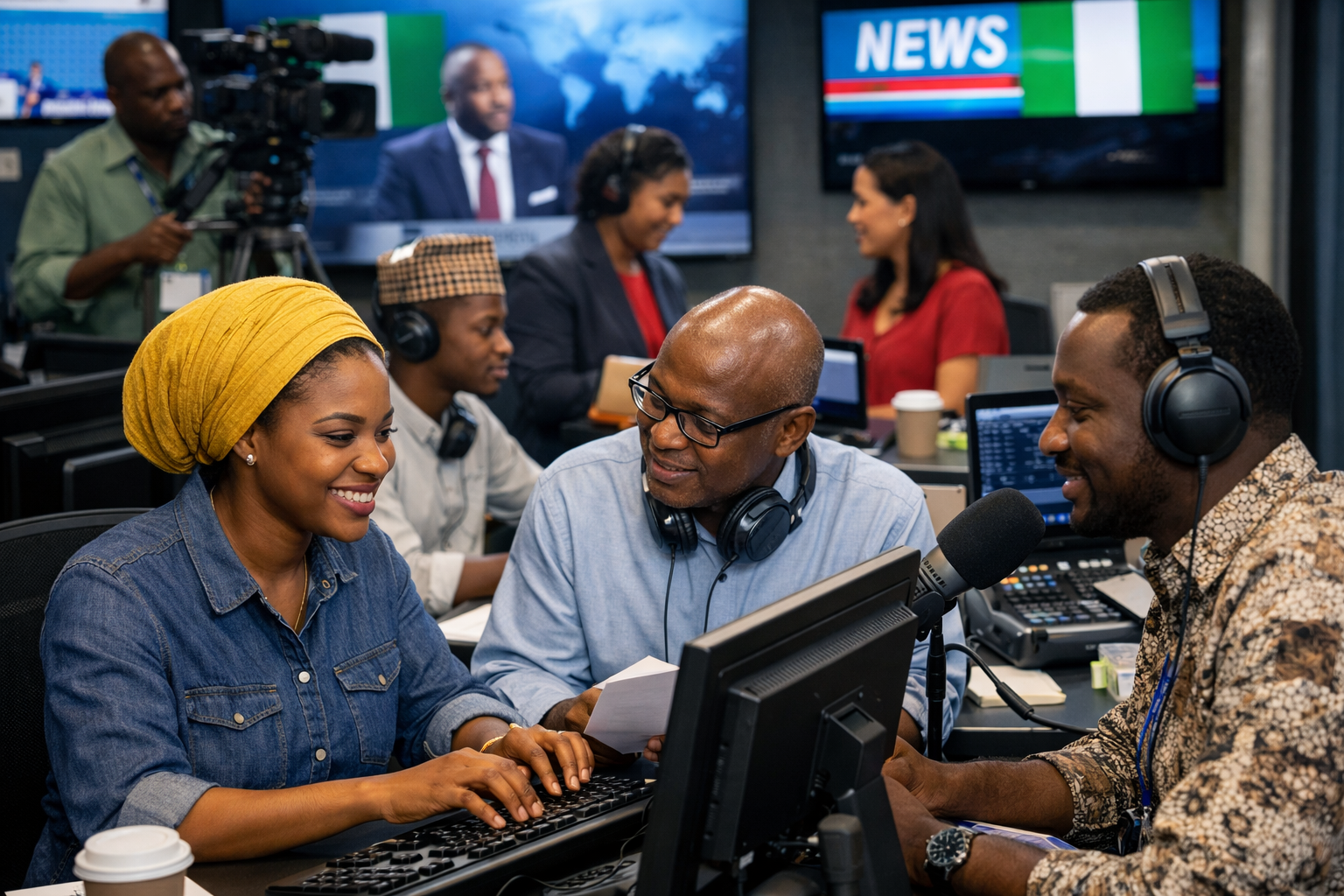 English language mastery: official language of communication in Nigeria illustrated through a diverse newsroom of journalists collaborating in English