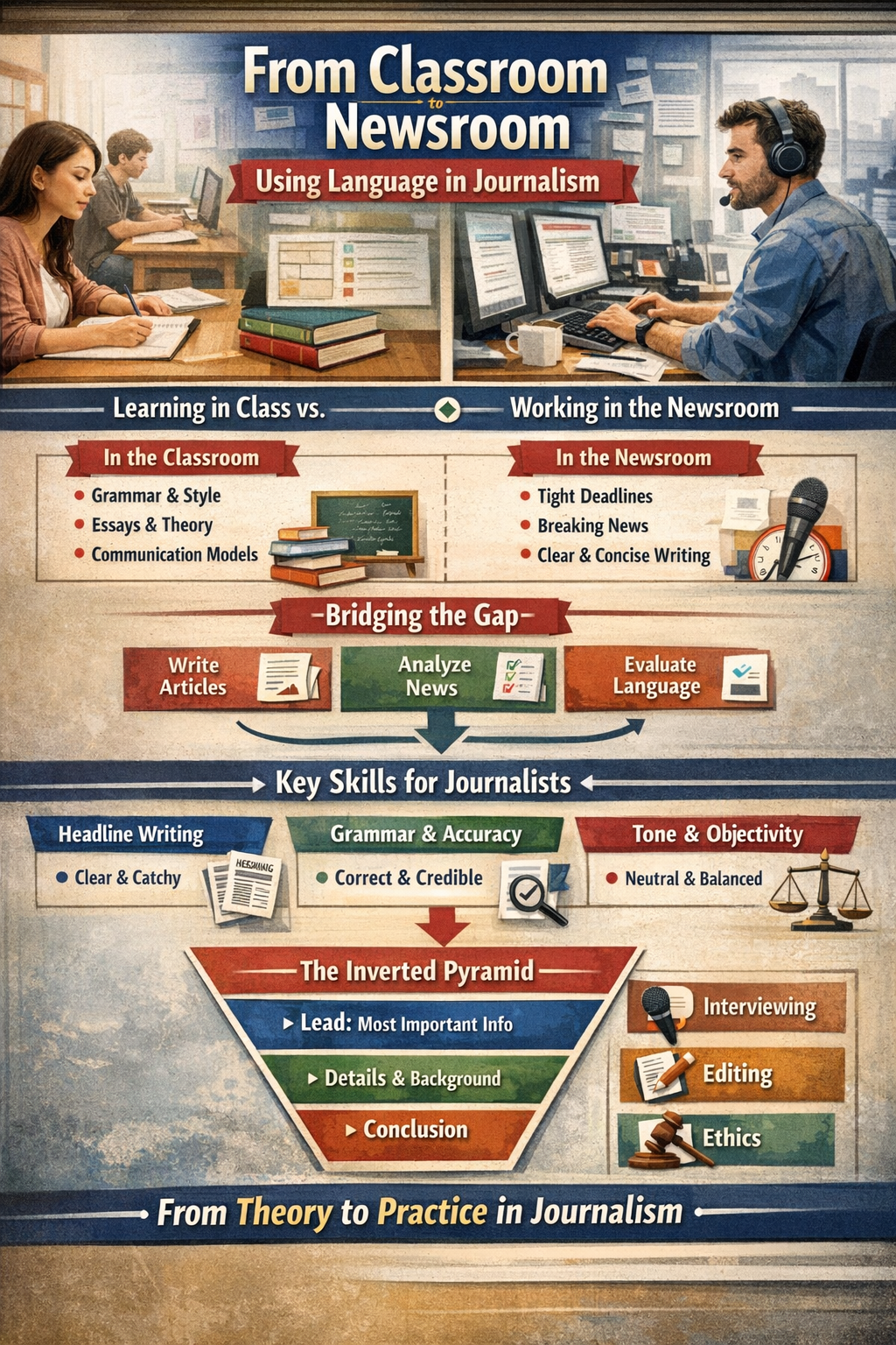 Infographic showing the transition from classroom learning to newsroom practice, highlighting language in journalism, skills like grammar, headline writing, tone, objectivity, and the inverted pyramid structure.