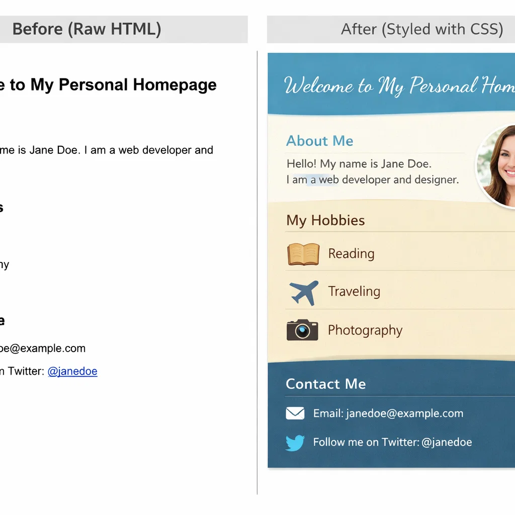 Comparison of a webpage before and after applying CSS styling.